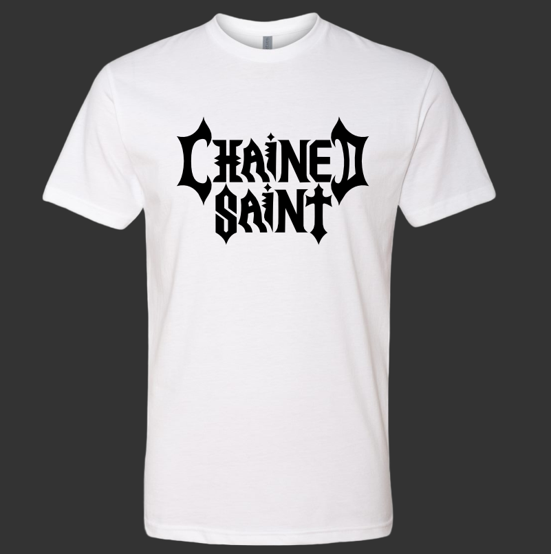 White Crew neck T shirt with Chained Saint Logo in black
